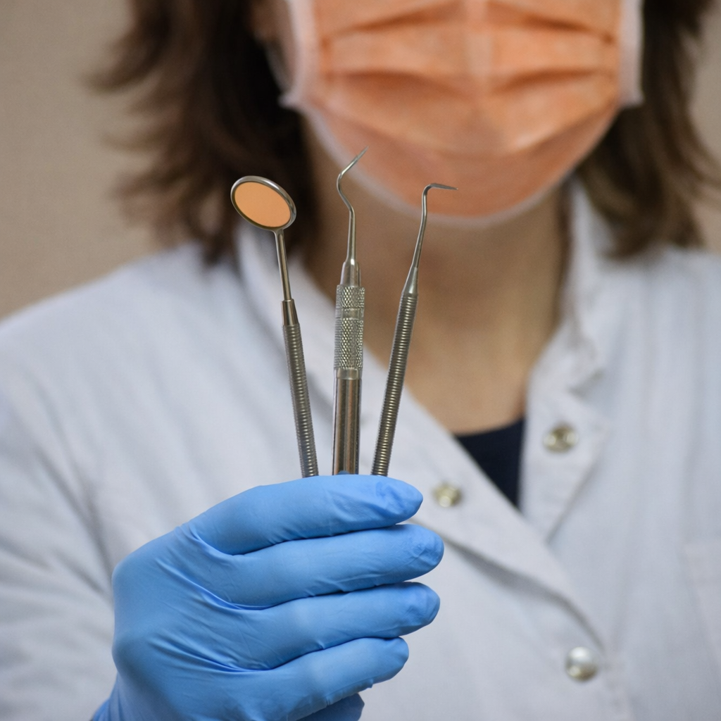 Higienista bucodental con sonda y espejo en la mano