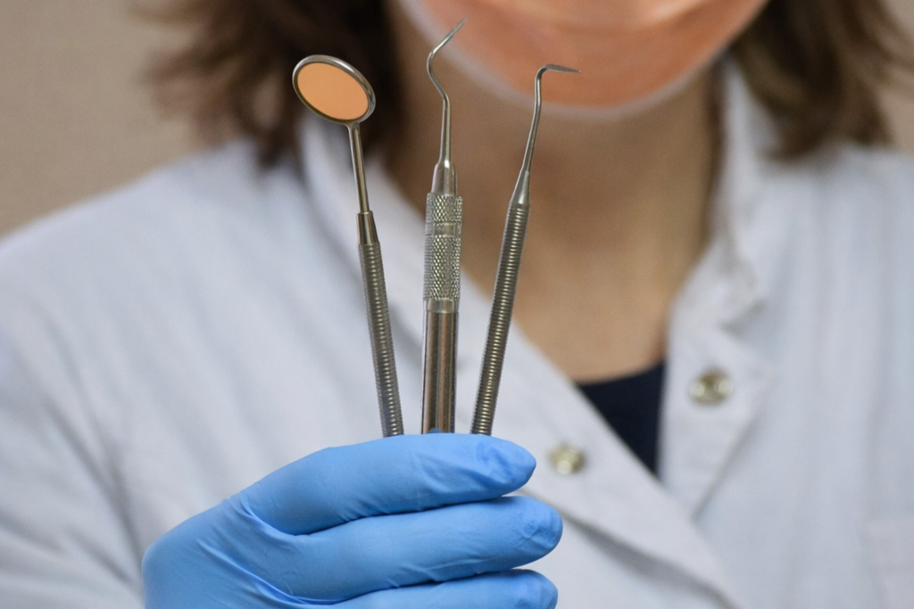 Higienista bucodental con espejo y sonda