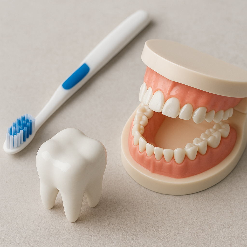 Macromodelo dental y cepillo de dientes